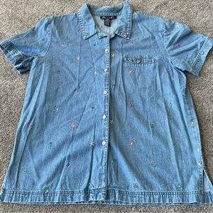 Denim Co Button Up Floral Embroidered Jean Shirt Large